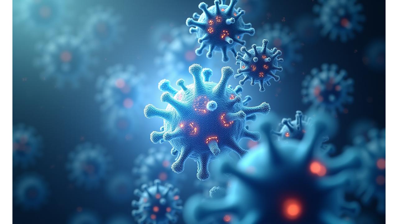 현미경으로 확대된 바이러스와 세균이 파괴되는 과정을 시각화하여 99.9% 살균력을 시사하는 이미지