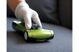 정전기 방지 브러시로 소파에서 반려동물 털을 효과적으로 제거하는 모습