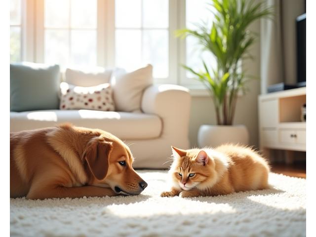 깨끗하고 밝은 거실에서 행복하게 놀고 있는 강아지와 고양이