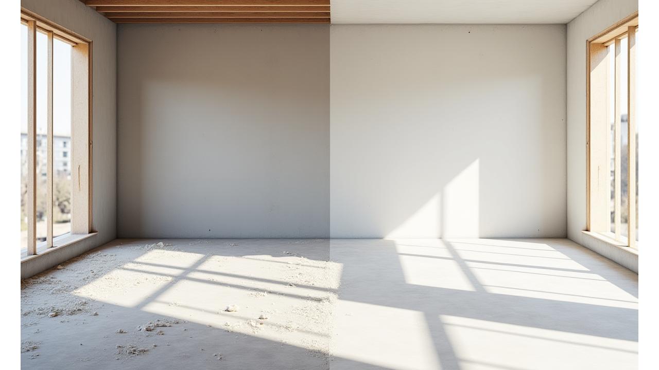 공사 전후 먼지 가득한 공간과 깨끗하게 마감된 공간의 극명한 대비