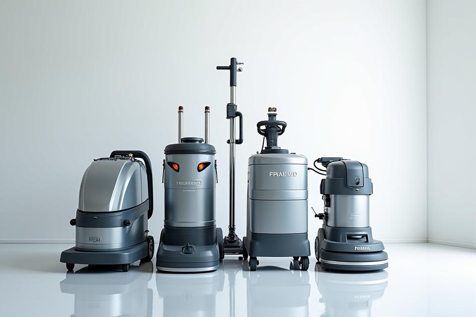 HEPA 필터 산업용 청소기, 고압 스팀 세척기 등 첨단 청소 장비가 나열된 모습