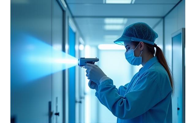 전문가가 소독 장비로 공간을 살균하는 모습