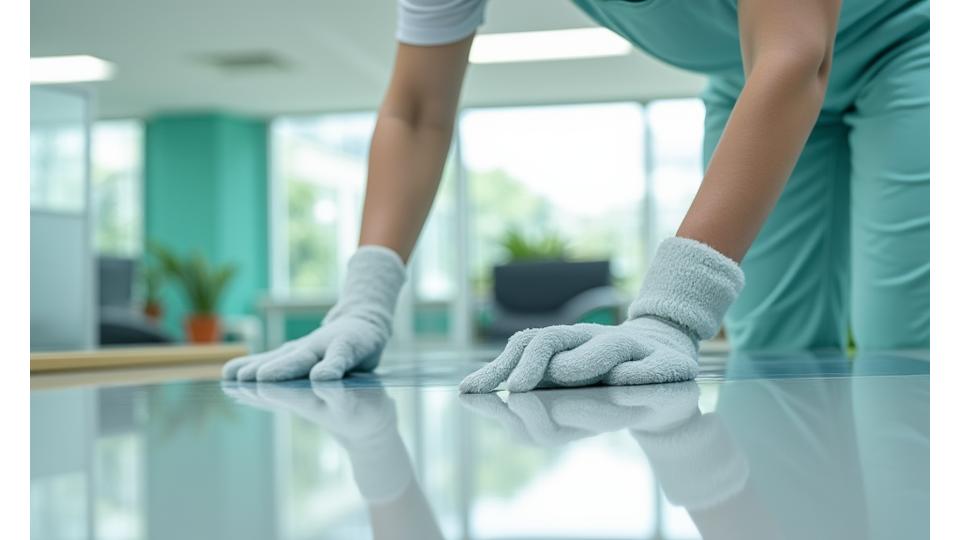 현대적인 공간에서 청소 전문가들이 친환경 청소 도구를 사용하여 작업하는 모습