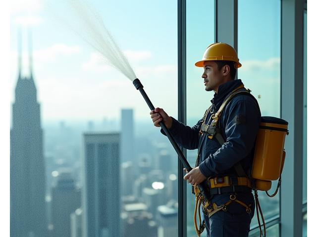 전문가가 유리창을 고압으로 청소하는 모습, 물때가 깨끗하게 제거되고 있다